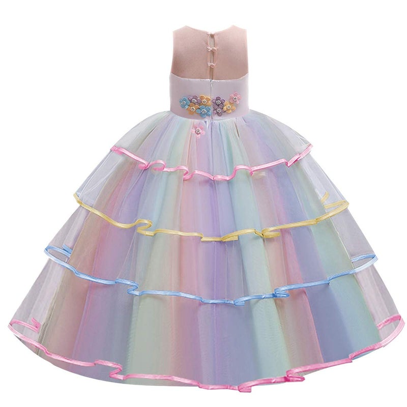 HIHCBF Girls Unicorn Costume Pageant Princess Party Dress Wedding Birthday Christmas Carnival Long Maxi Gown w/Headband Multicolored 10-11T - Image 3